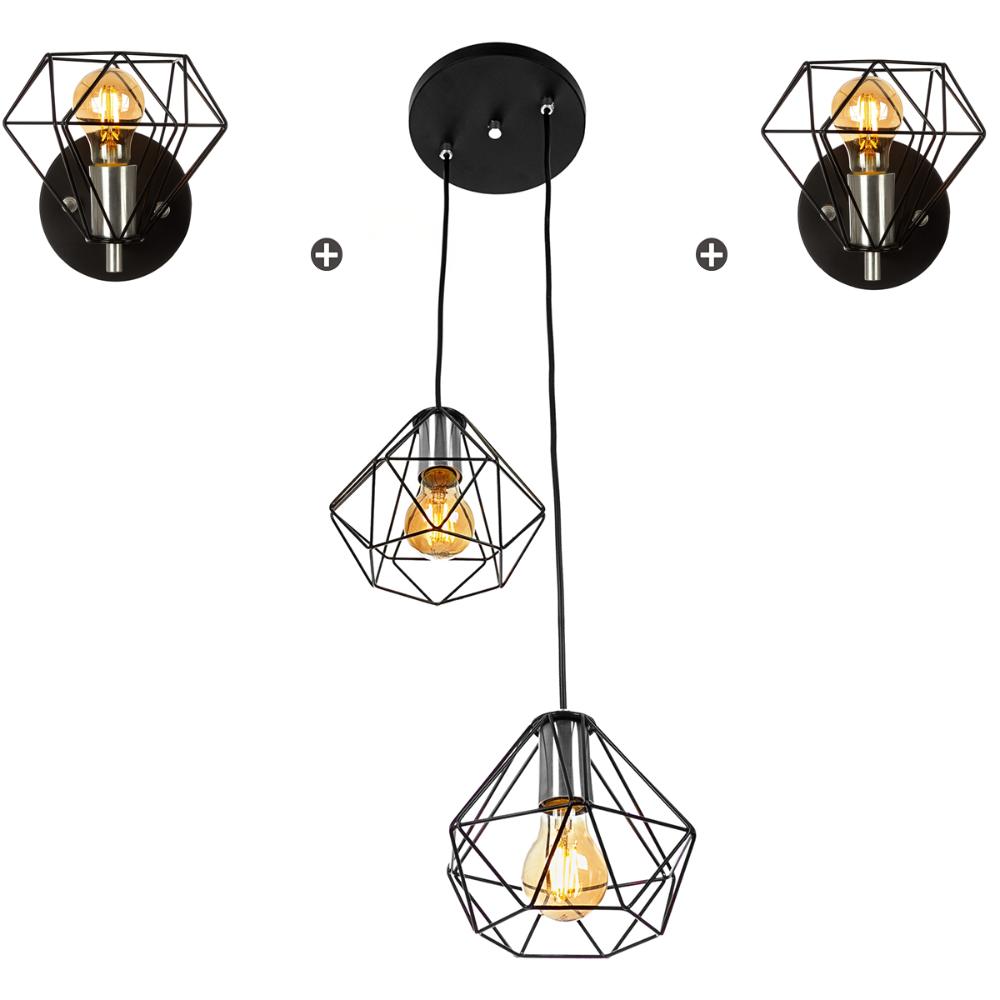 Kit 1 Pendente Duplo + 2 Arandelas Diamante Aramado Preto