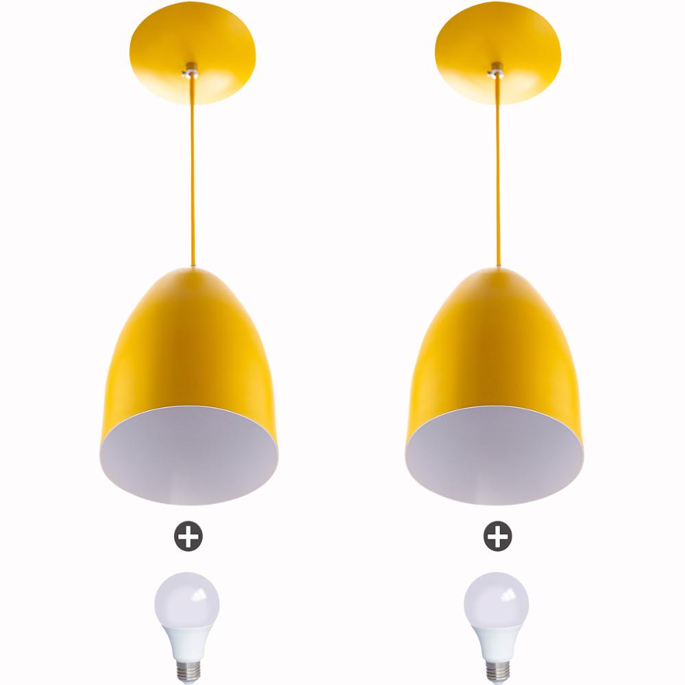 Kit 2 Lustre Pendente Cone De Alumínio 20x14cm Amarelo + Lampada