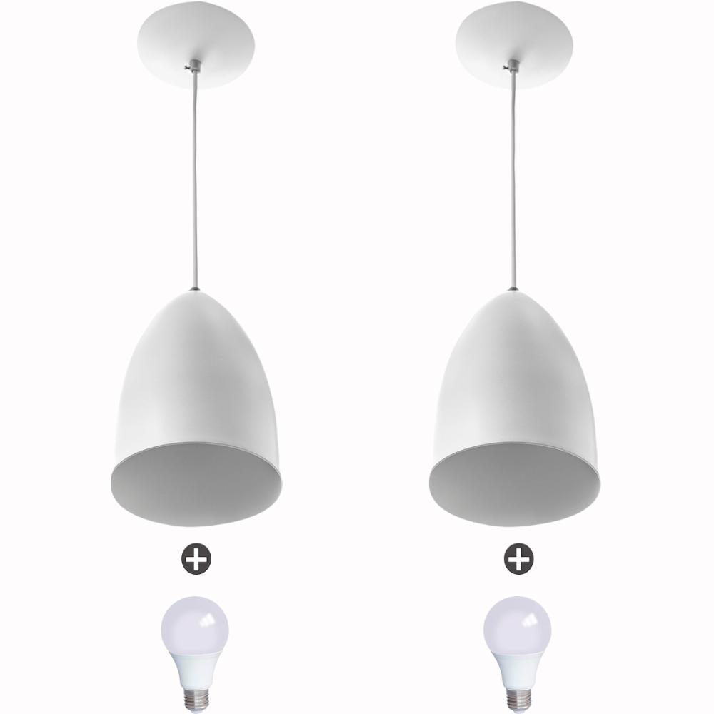 Kit 2 Lustre Pendente Cone De Alumínio 20x14cm Branco + Lampada