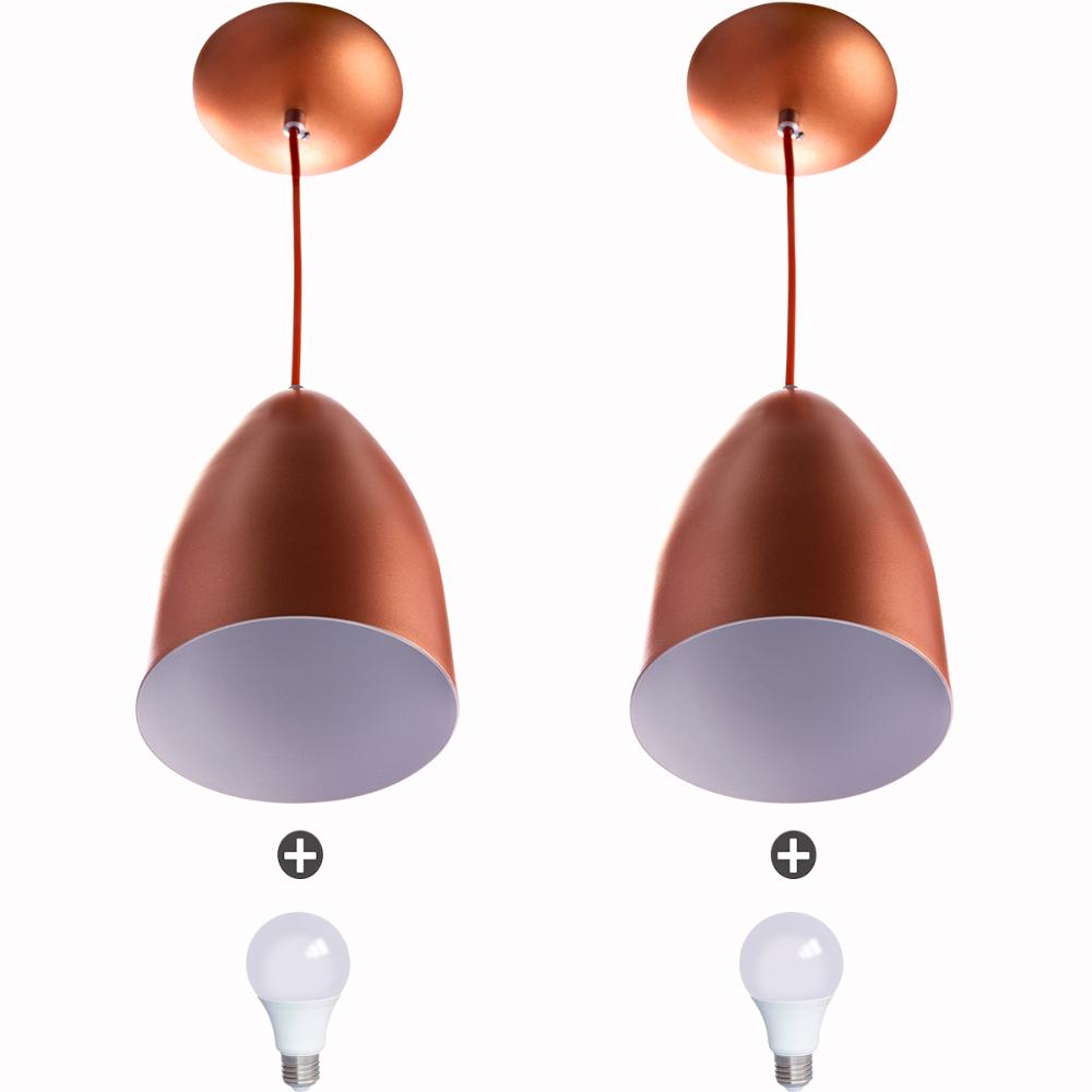 Kit 2 Lustre Pendente Cone De Alumínio 20x14cm Cobre + Lampada
