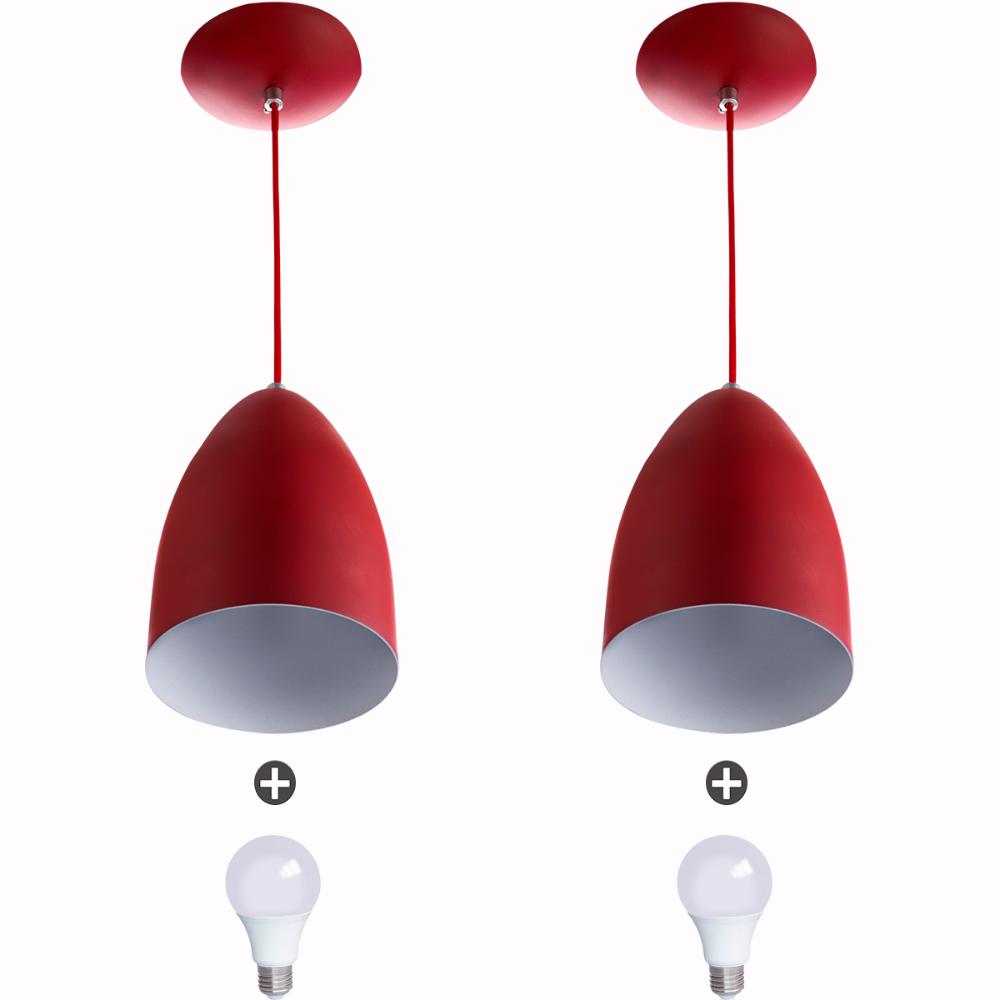 Kit 2 Lustre Pendente Cone De Alumínio 20x14cm Vermelho + Lampada