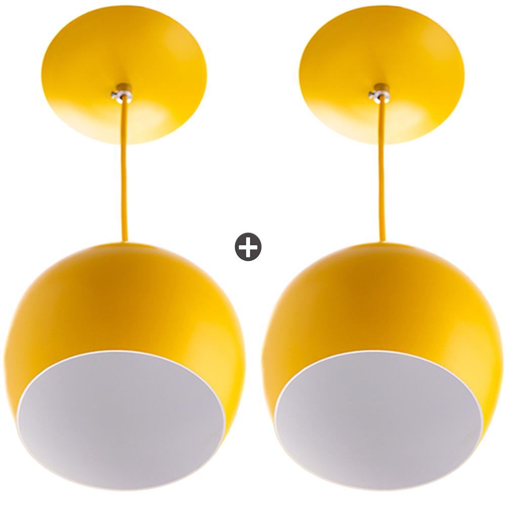 Kit 2 Lustres Pendente Bola Média Alumínio 23cm Amarelo