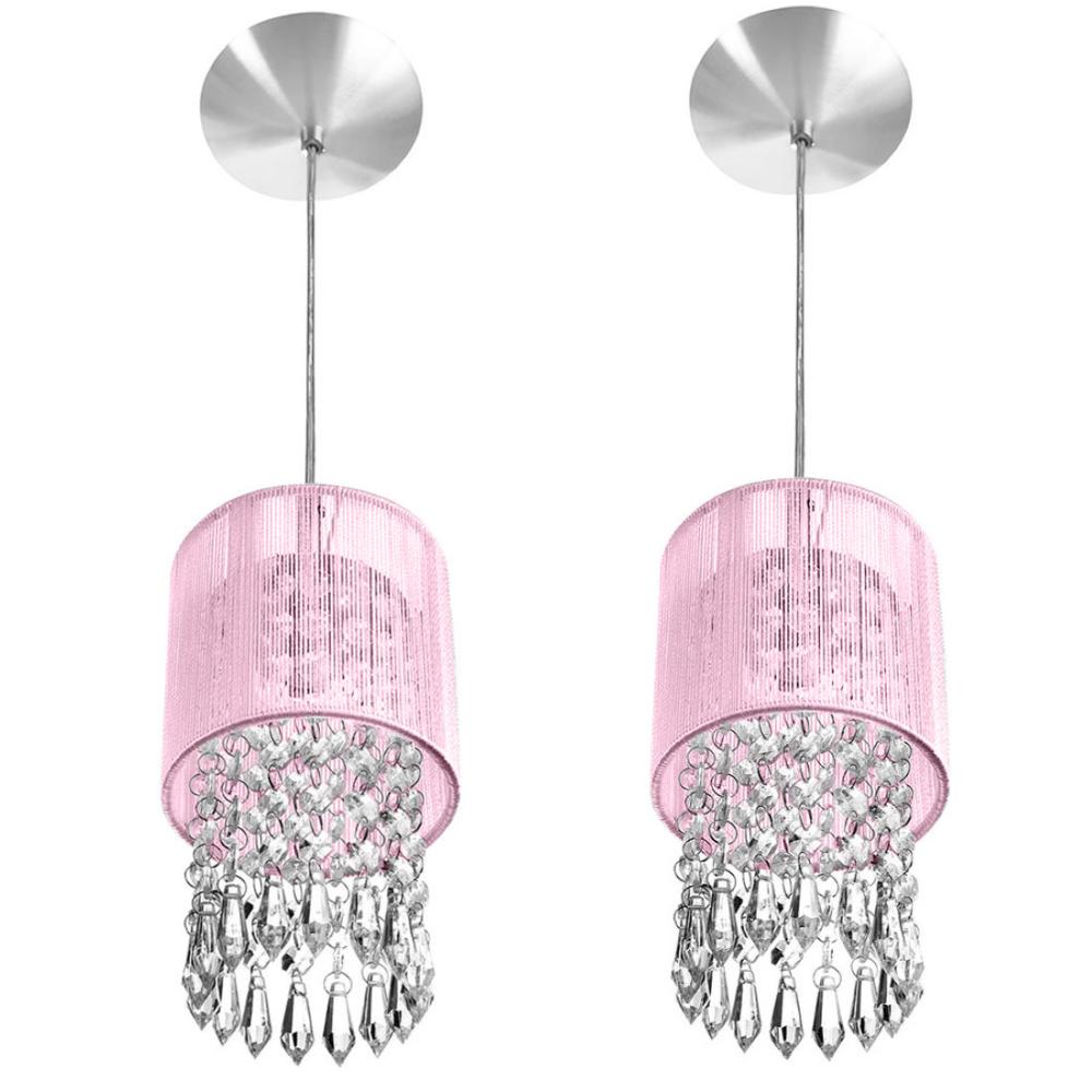 Kit 2 Pendente Cupula Redondo ClearFio Cristal Acr. Rosa