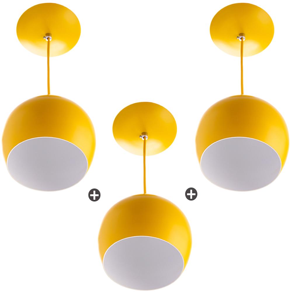 Kit 3 Lustres Pendente Bola Média Alumínio 23cm Amarelo