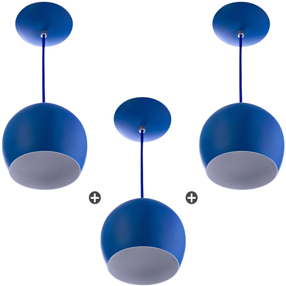 Kit 3 Lustres Pendente Bola Média Alumínio 23cm Azul