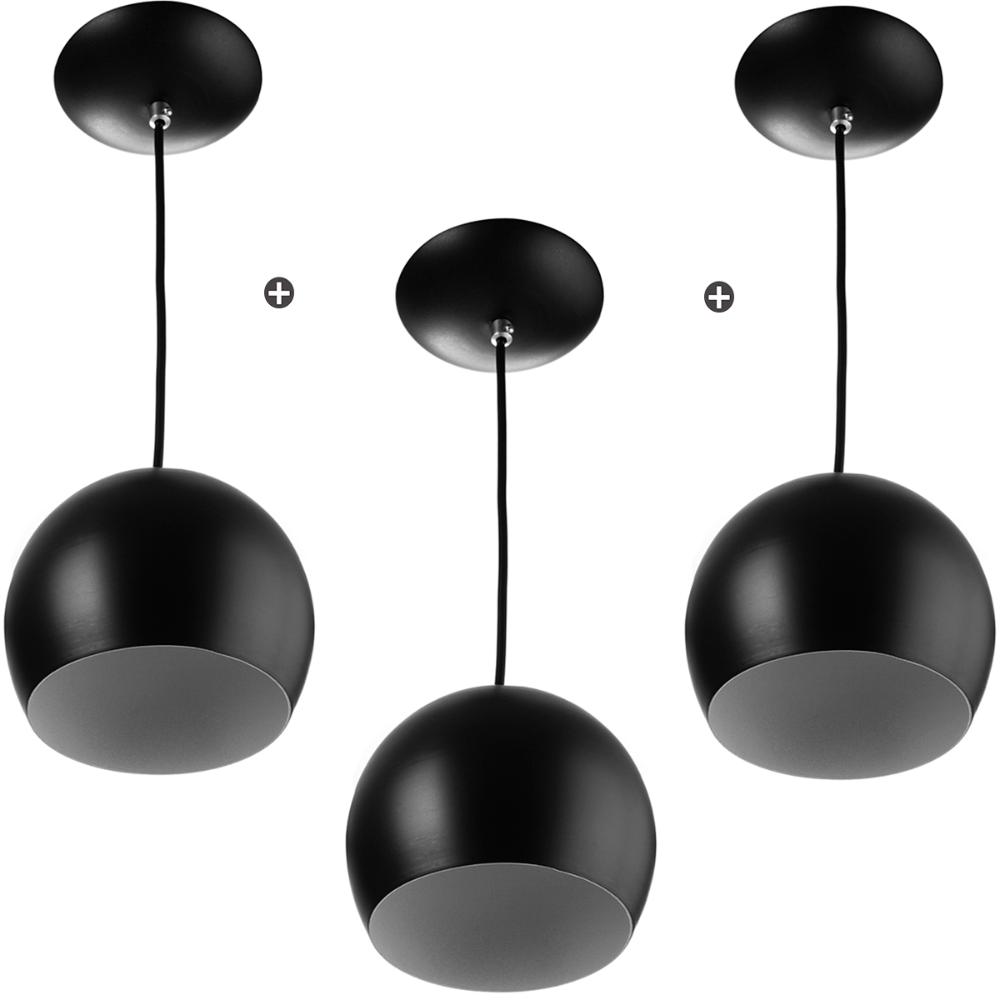 Kit 3 Lustres Pendente Bola Media De Alumínio 23cm Soquete E-27 Preto