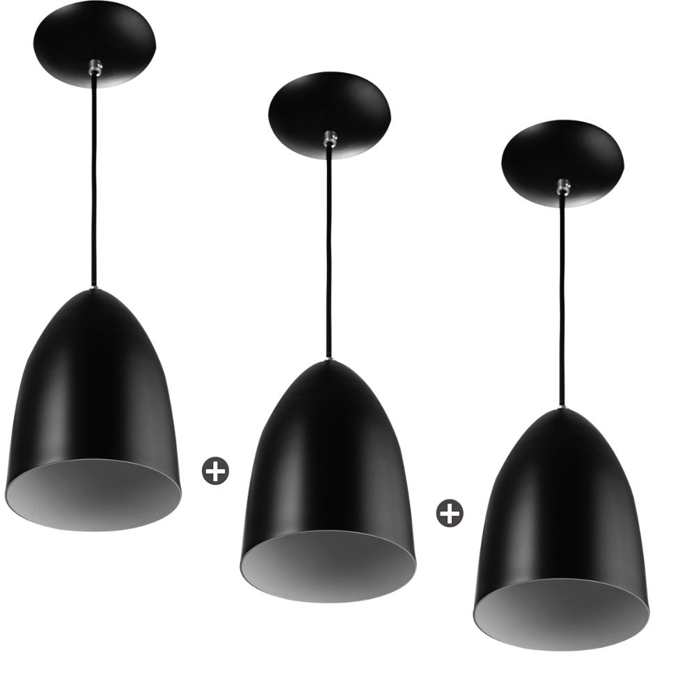 Kit 3 Lustres Pendente Cone De Alumínio 20x14cm Soquete E-27 Preto