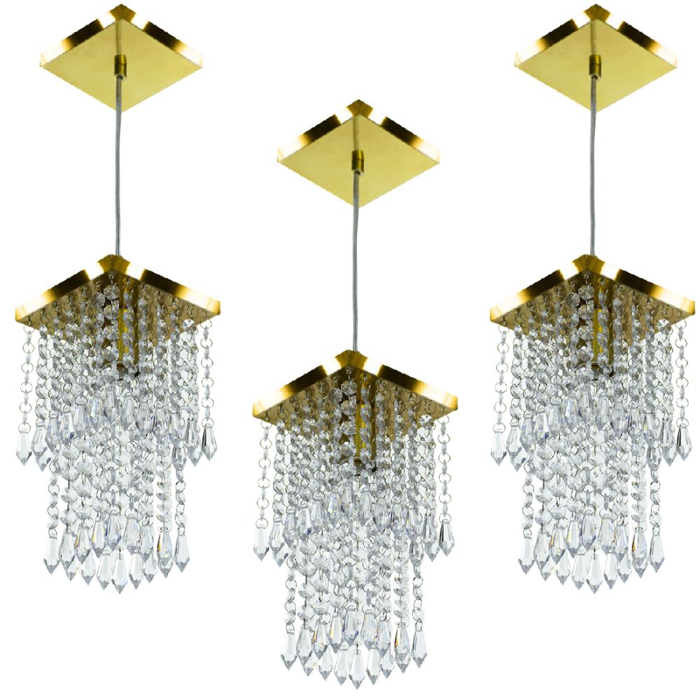 Kit 3 Lustres Pendente De Cristal Acrilico Spark Dourado