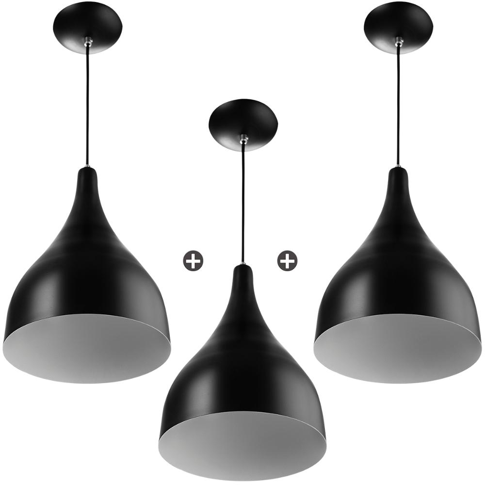Kit 3 Lustres Pendente Gota Media De Alumínio 30cm Soquete E-27 Preto