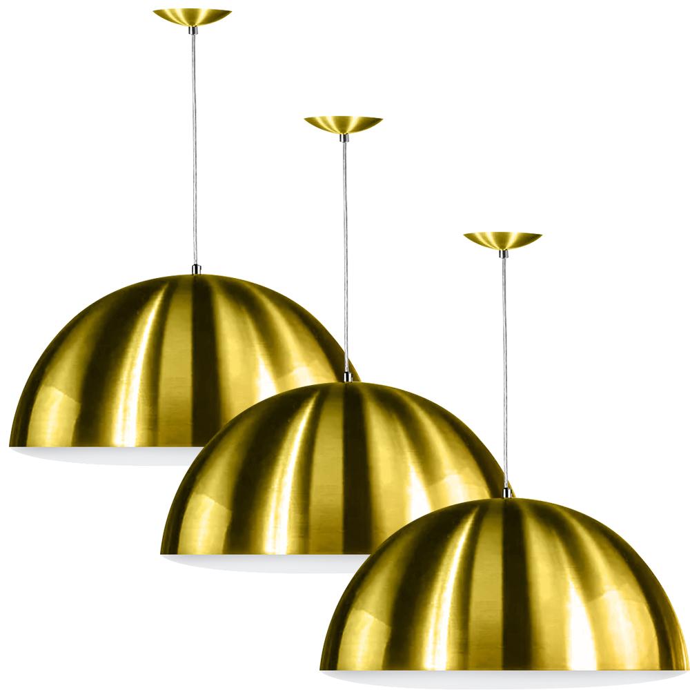 Kit 3 Lustres Pendente Meia Lua 40cm Alumínio Dourado