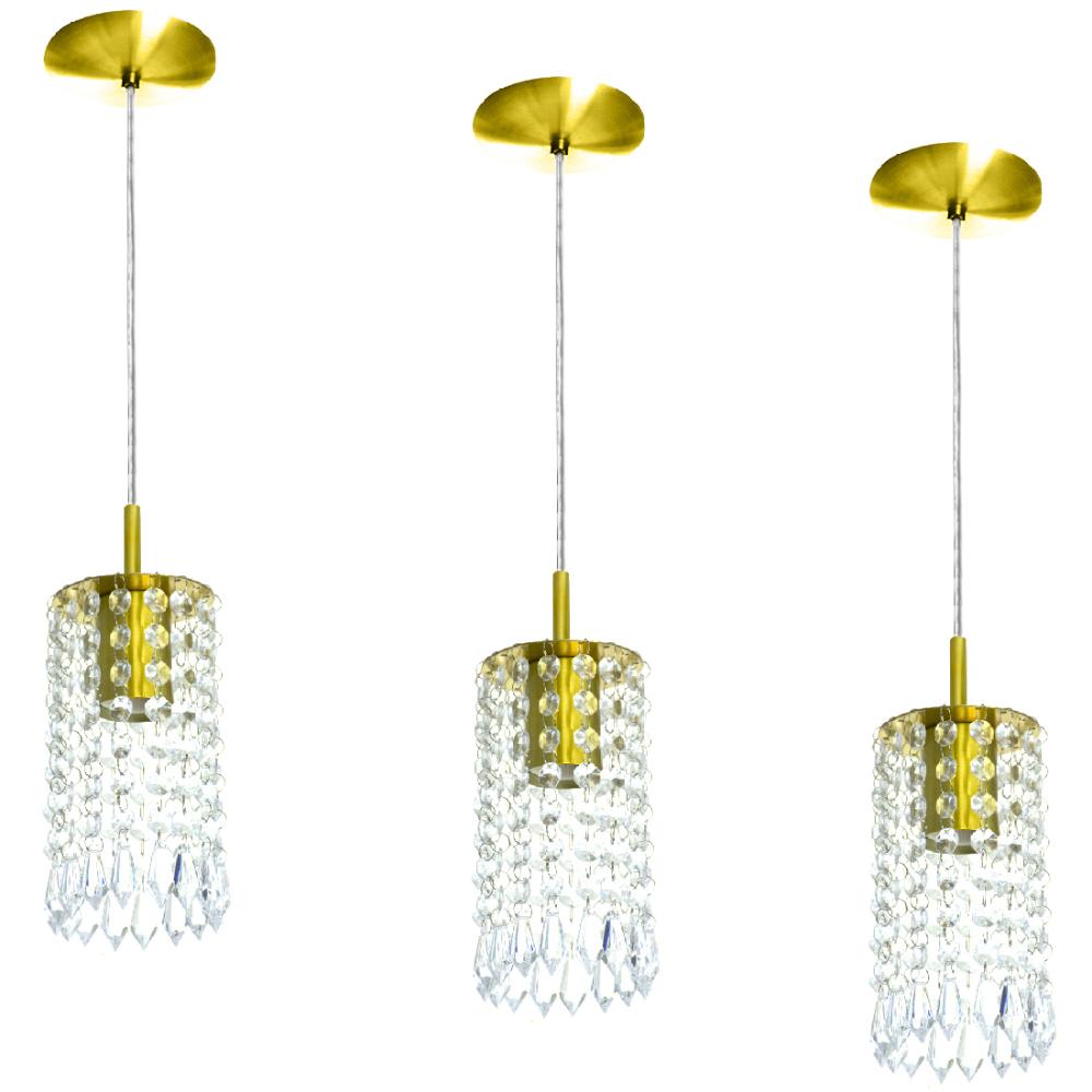 Kit 3 Pendente Redondo Clearcrillic Cristal Acrílico Dourado