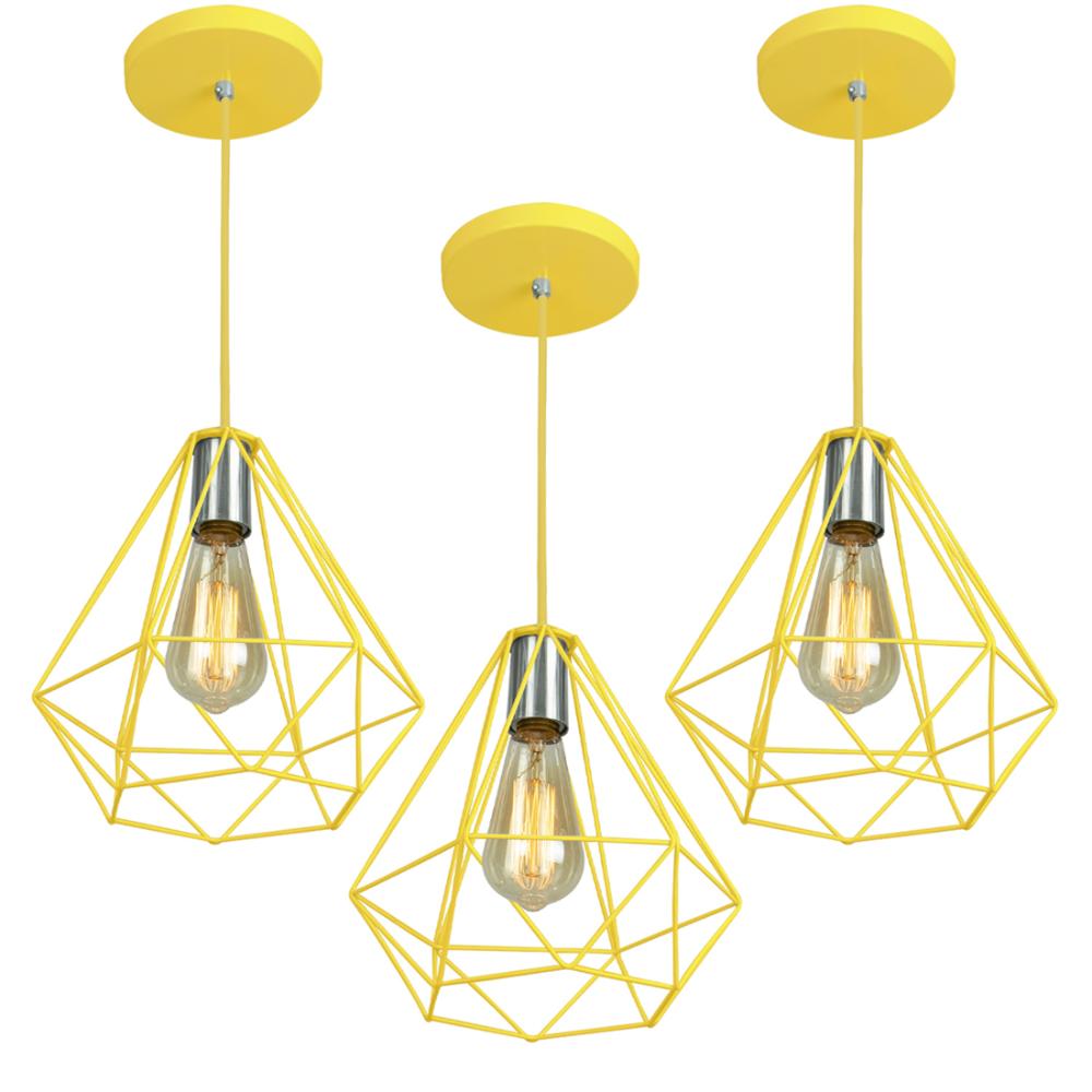 Kit 3 Pendentes Diamante Aramado Grande Amarelo