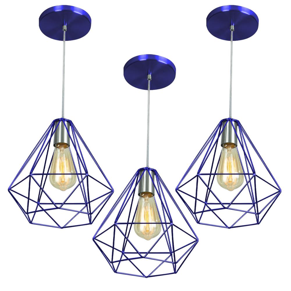 Kit 3 Pendentes Diamante Aramado Grande Azul Metalico