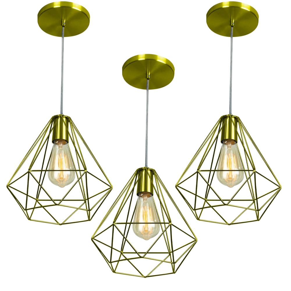 Kit 3 Pendentes Diamante Aramado Grande Dourado