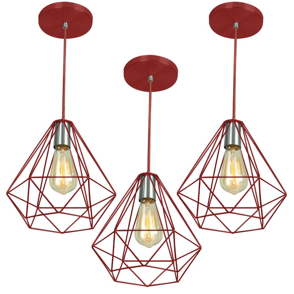Kit 3 Pendentes Diamante Aramado Grande Vermelho