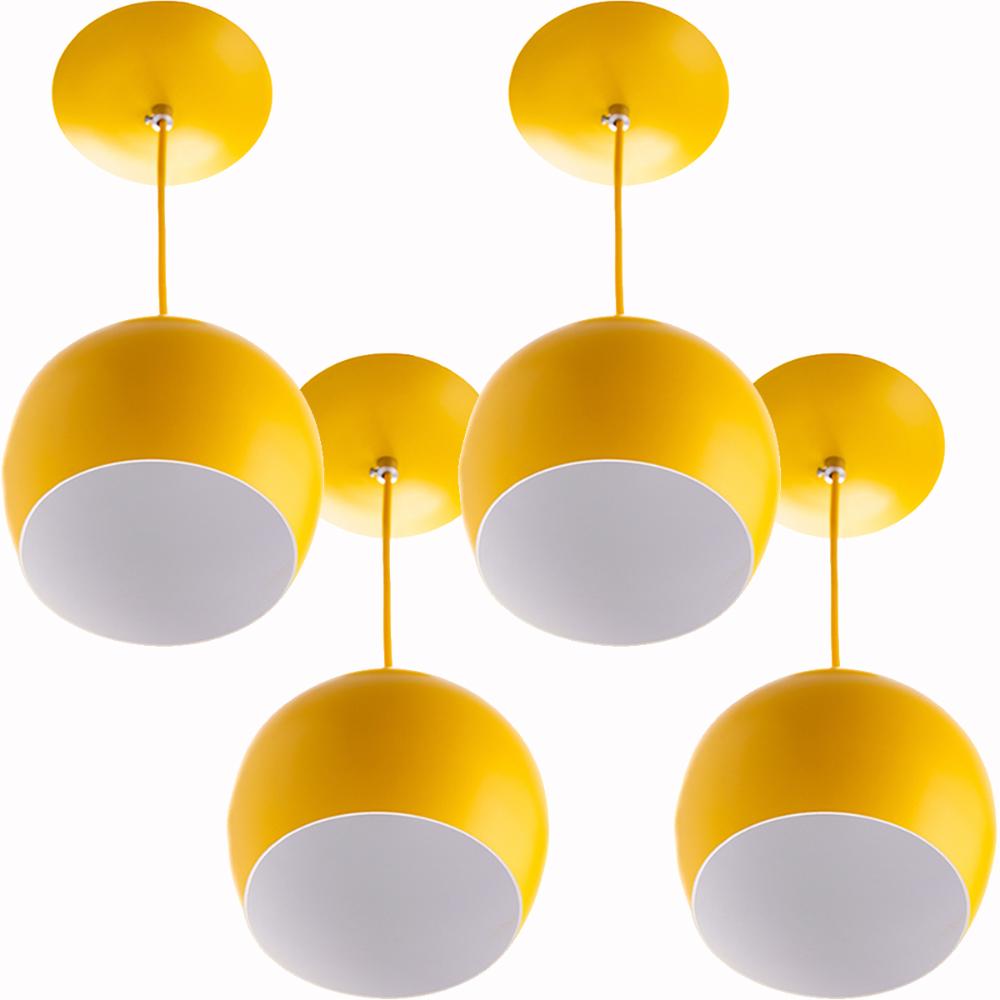Kit 4 Lustres Pendente Bola Pequena Alumínio 15cm Amarelo