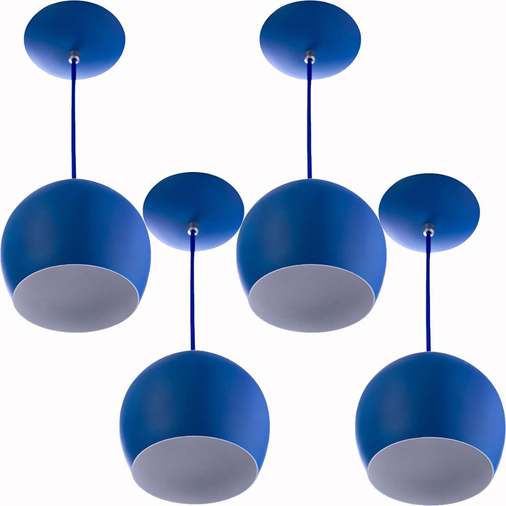 Kit 4 Lustres Pendente Bola Pequena Alumínio 15cm Azul
