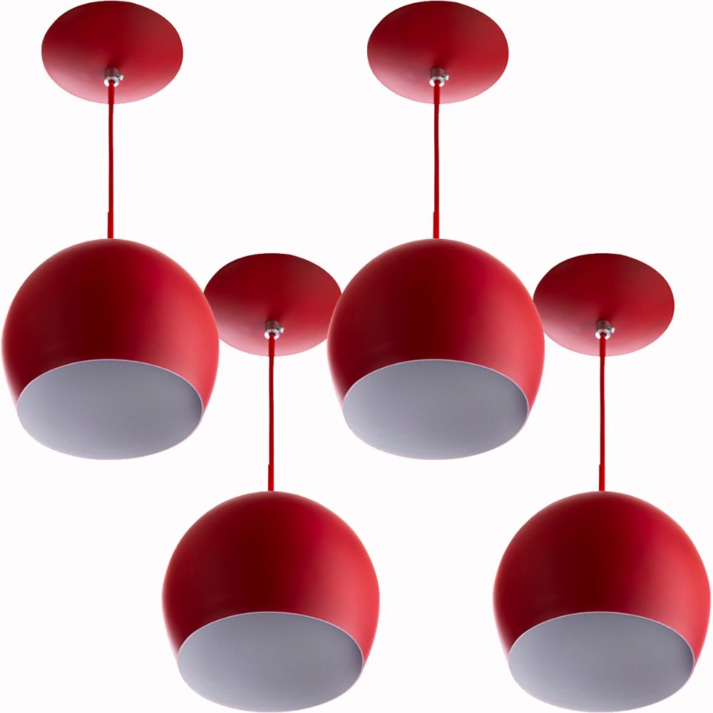 Kit 4 Lustres Pendente Bola Pequena Alumínio 15cm Vermelho