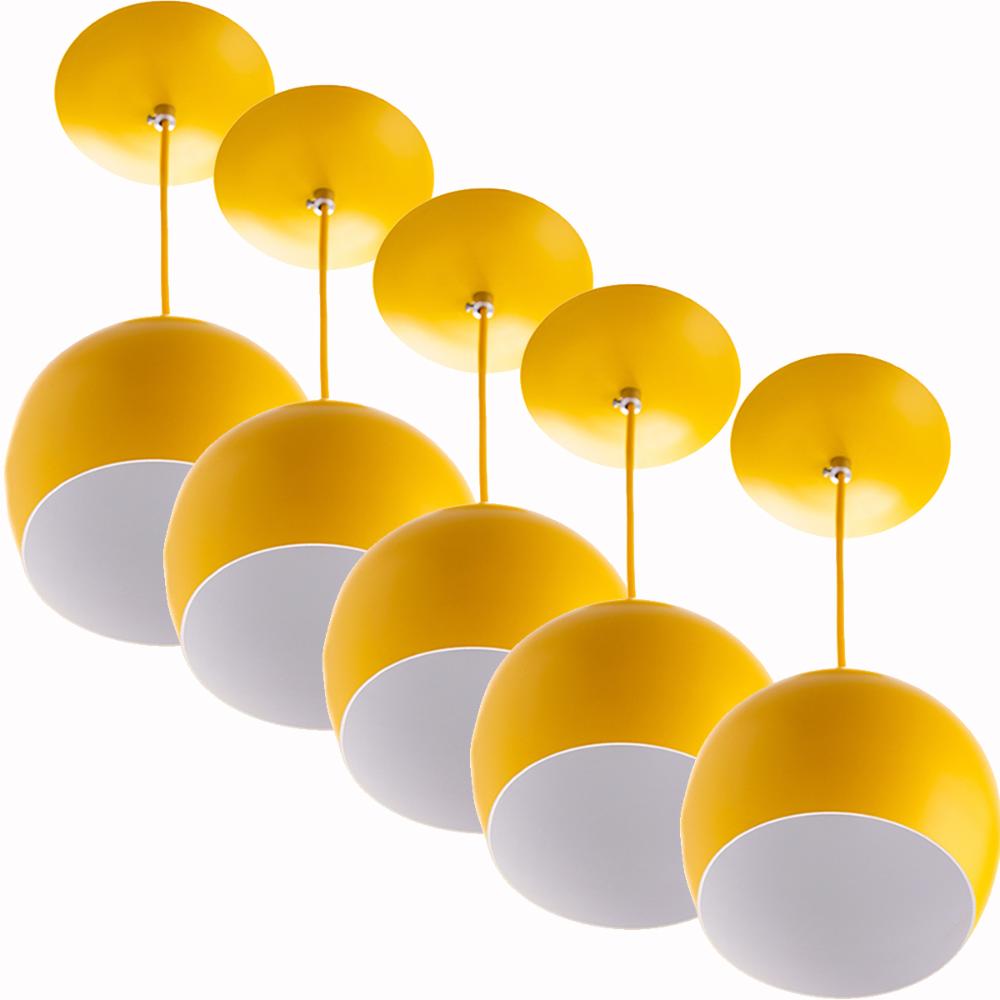 Kit 5 Lustres Pendente Bola Pequena Alumínio 15cm Amarelo