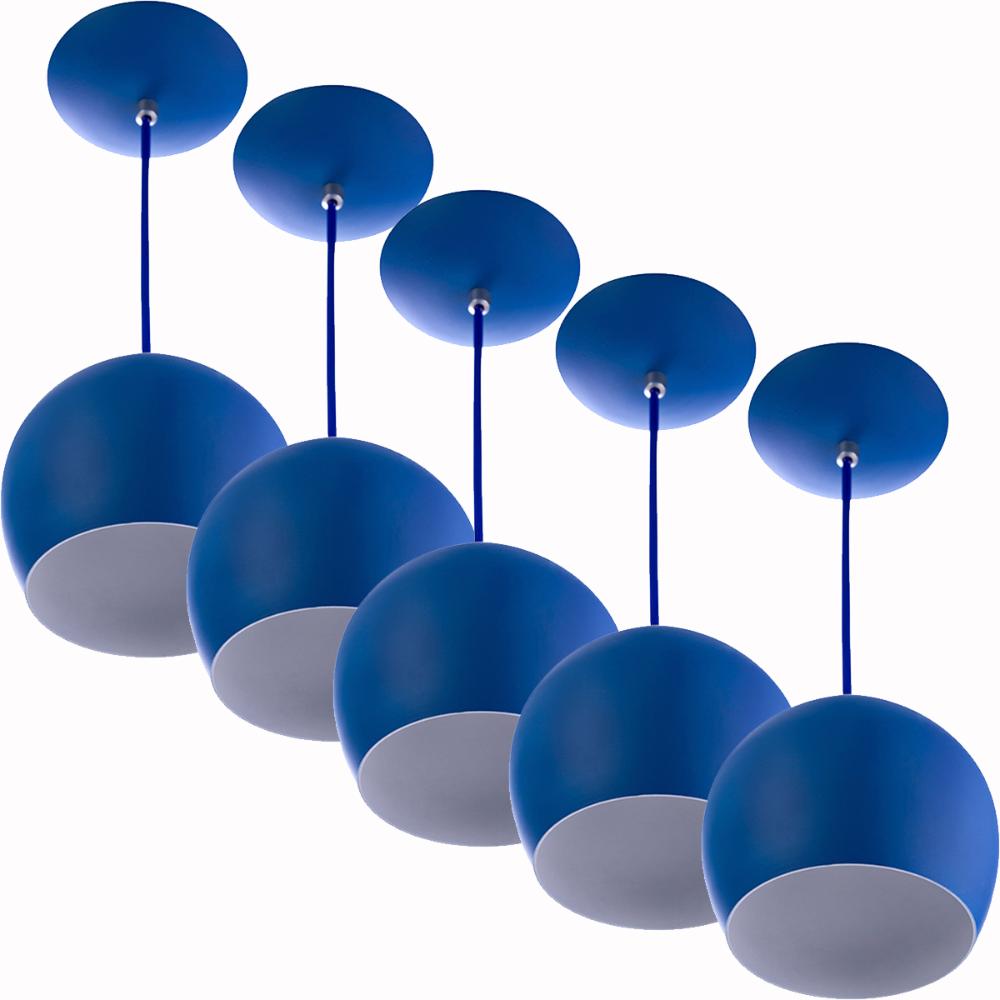 Kit 5 Lustres Pendente Bola Pequena Alumínio 15cm Azul