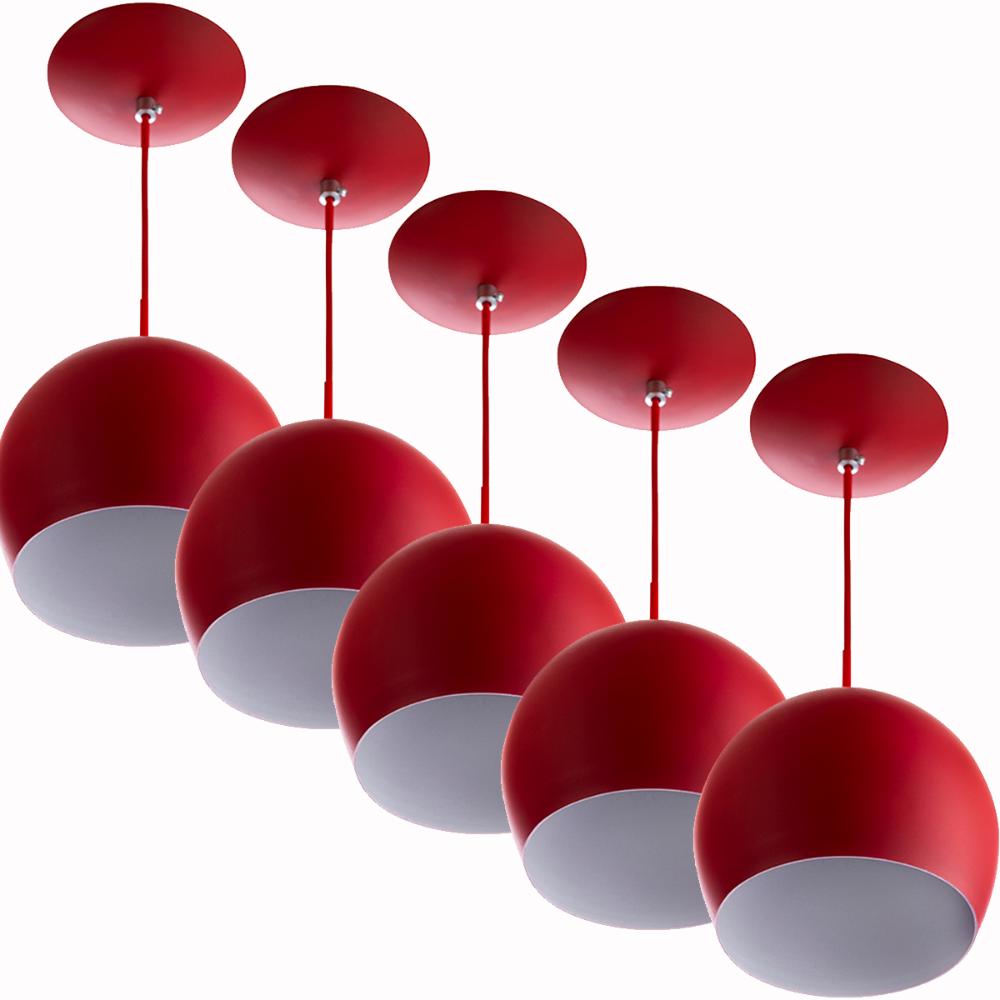 Kit 5 Lustres Pendente Bola Pequena Alumínio 15cm Vermelho