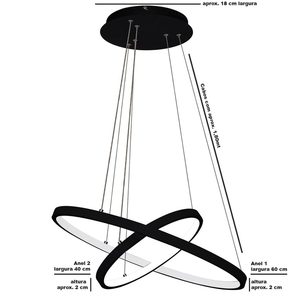 Lustre Pendente 2 Anéis Ring Branco Led Bivolt 60cm 3000K