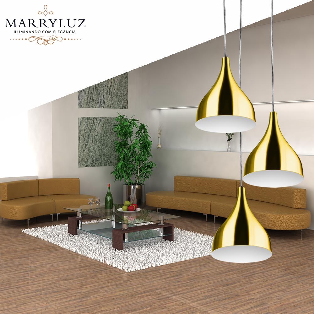 Lustre Pendente Aluminio Gota Triplo 21cm Dourado