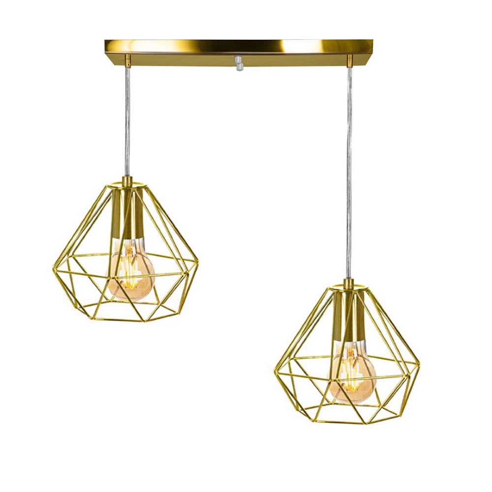 Lustre Pendente Aramado Duplo Base Retangular Dourado