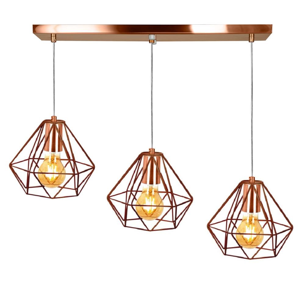 Lustre Pendente Aramado Triplo Base Retangular Cobre