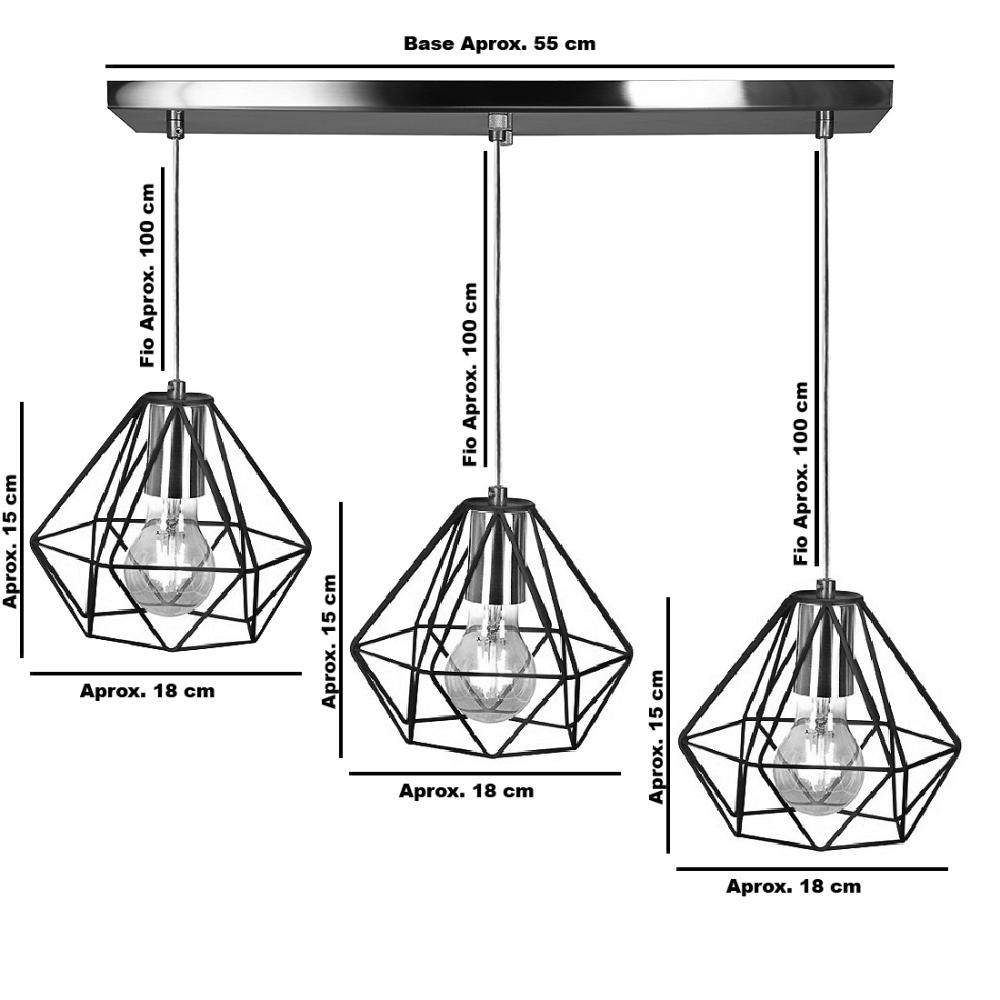 Lustre Pendente Aramado Triplo Base Retangular Cobre