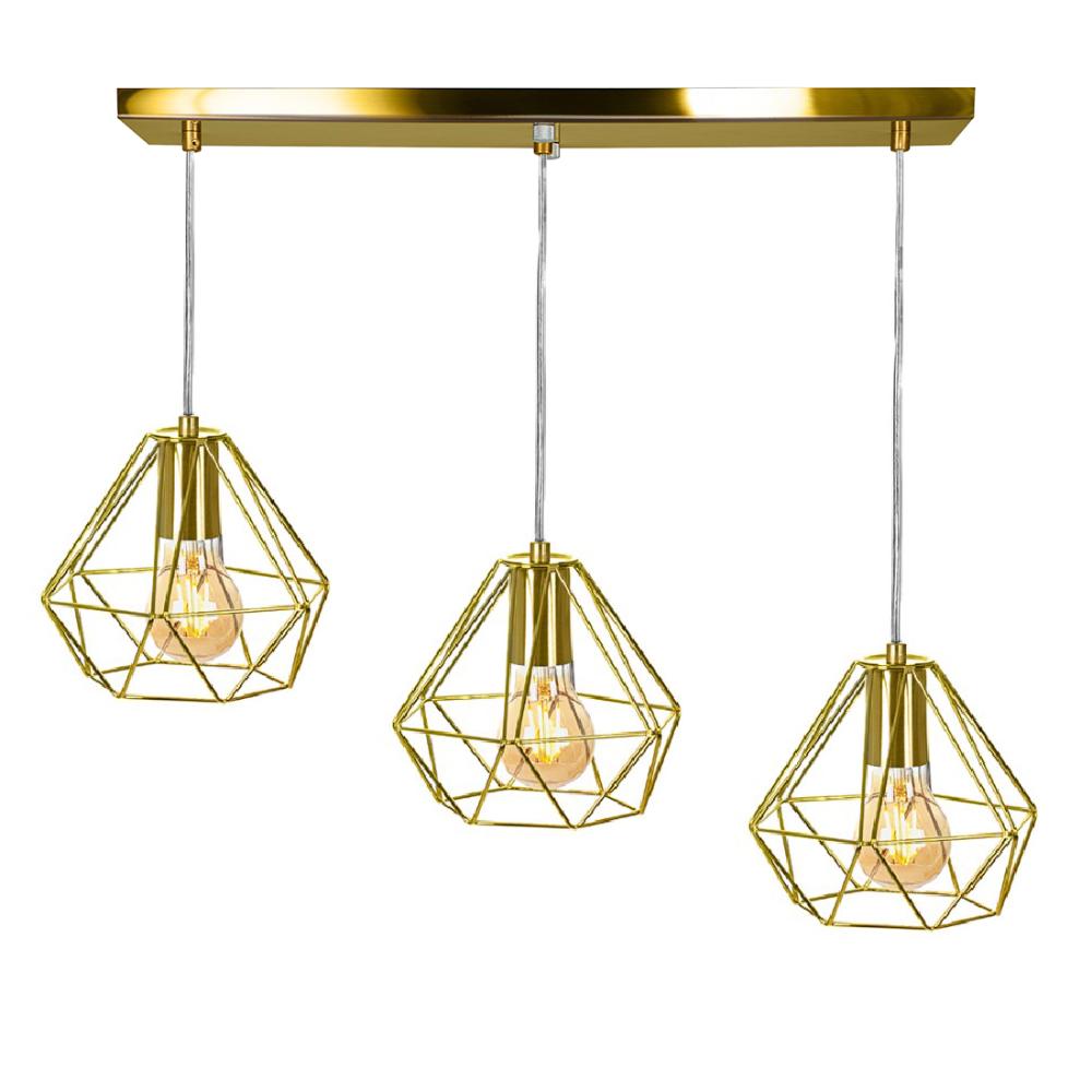 Lustre Pendente Aramado Triplo Base Retangular Dourado
