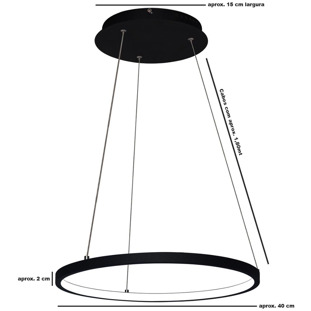 Lustre Pendente Arco Ring Anel Preto Led Bivolt 40cm 3000K