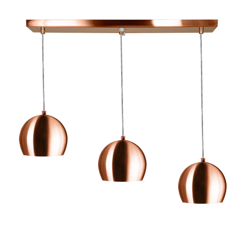 Lustre Pendente Bola Triplo Base Retangular Cobre
