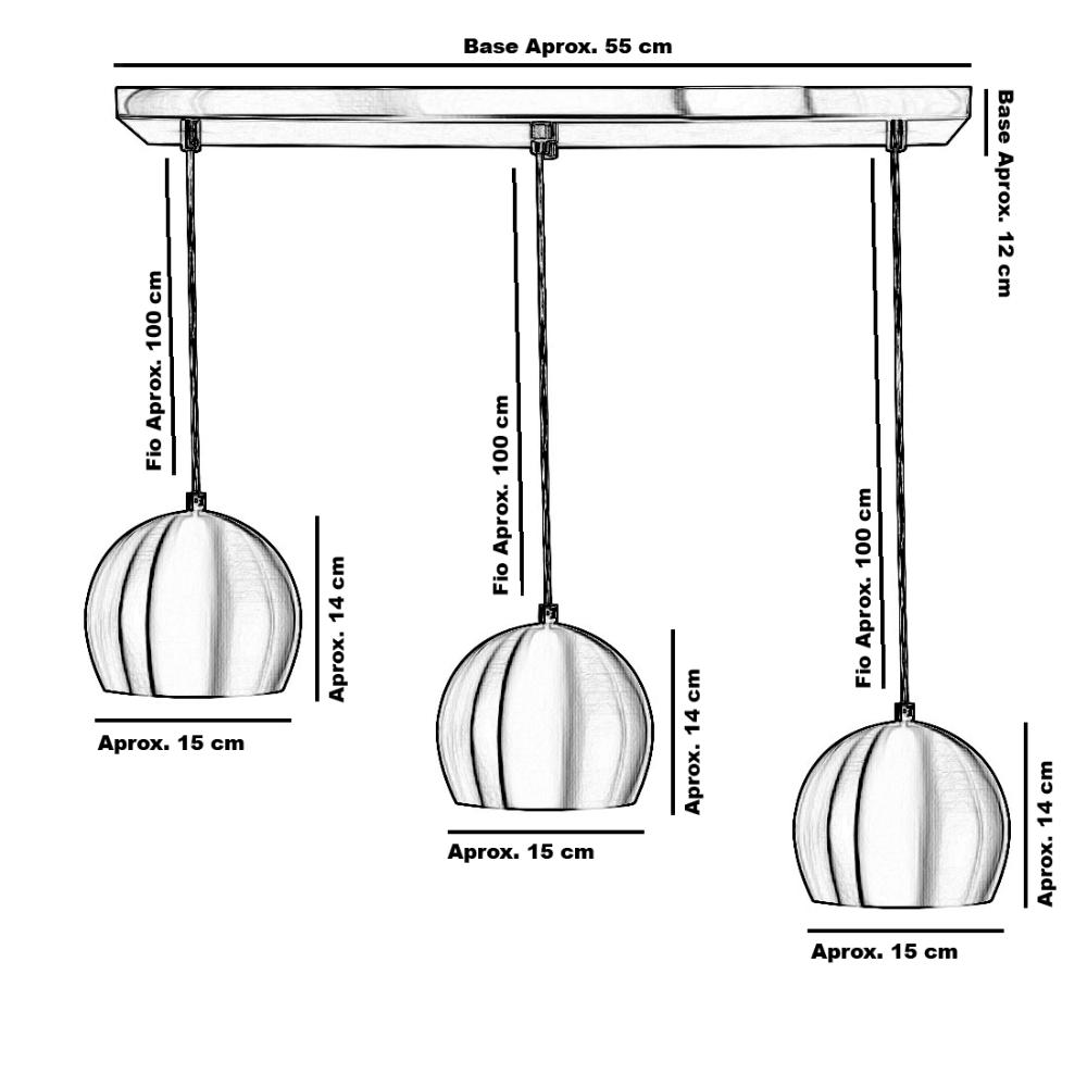 Lustre Pendente Bola Triplo Base Retangular Preto