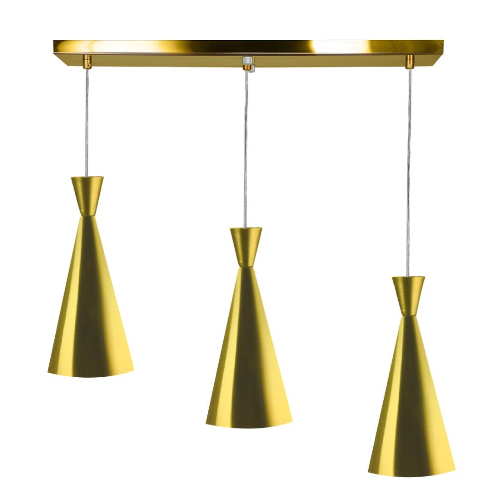 Lustre Pendente Funil Triplo Base Retangular Dourado