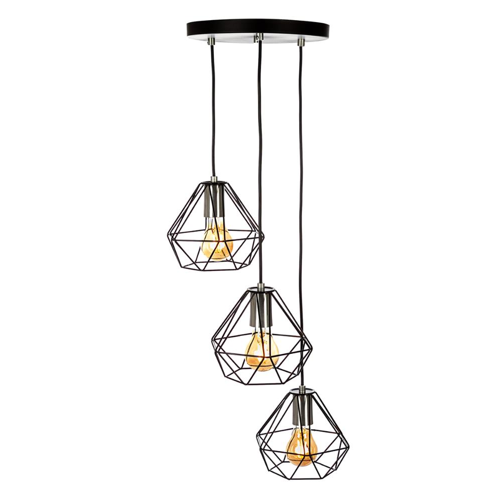 Lustre Pendente Luminária Diamante Aramado Triplo Preto