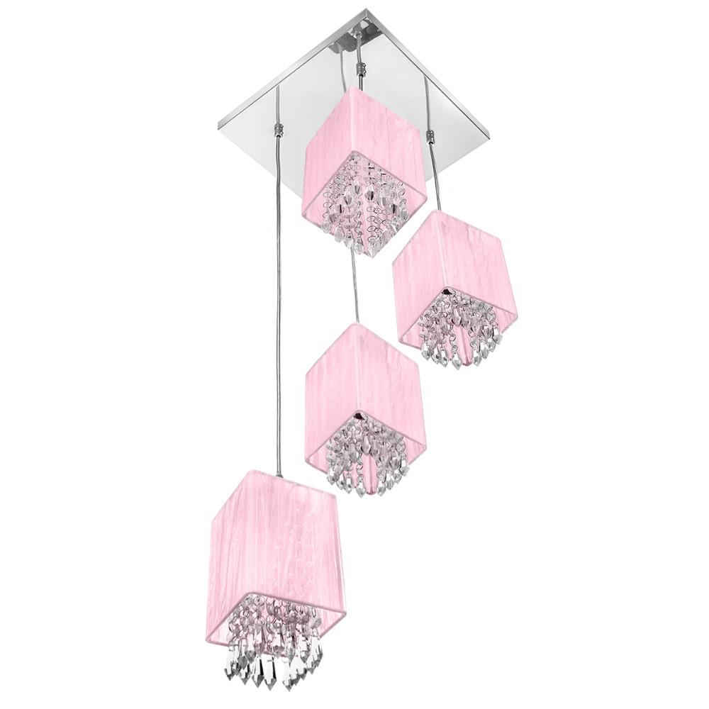 Lustre Pendente Quadclear Organza Quadrado Rosa Magnífico