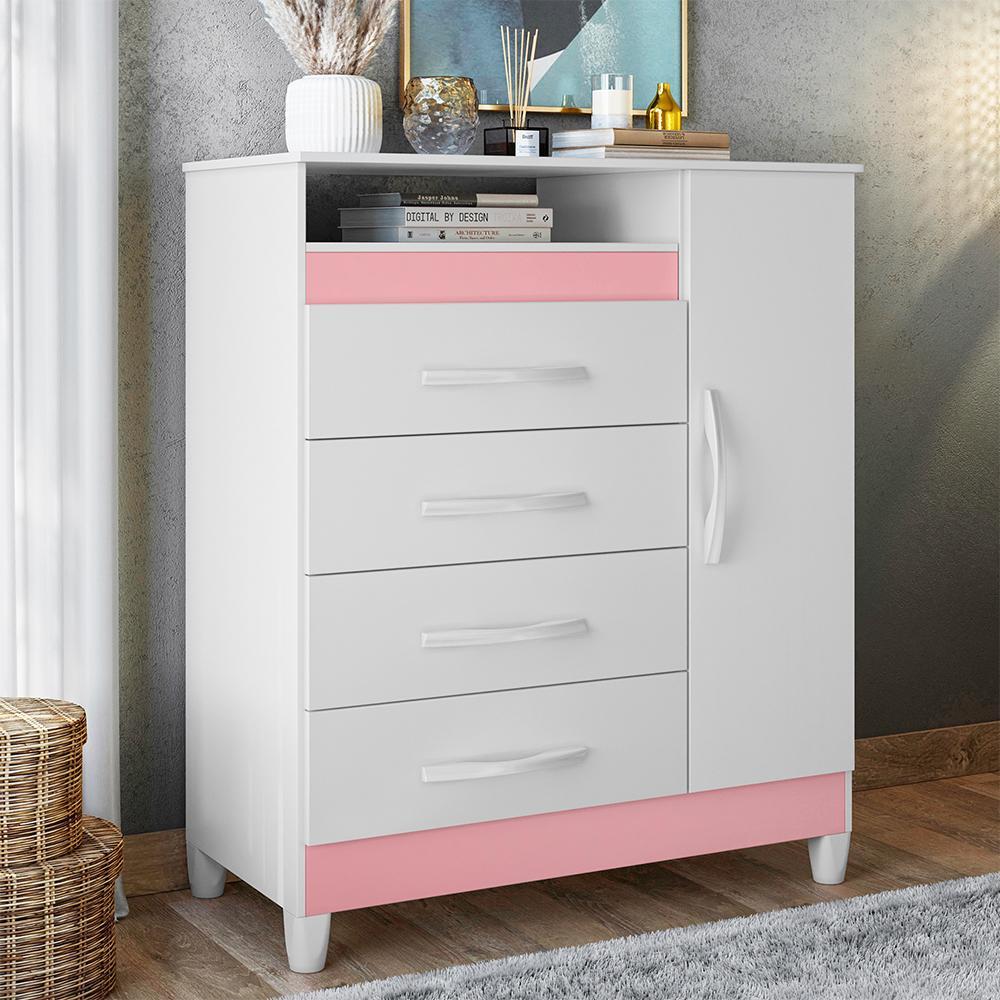 Cômoda Turquesa 1 Porta e 4 Gavetas Quadriflex Branco/Rosa Matte - Móveis Albatroz