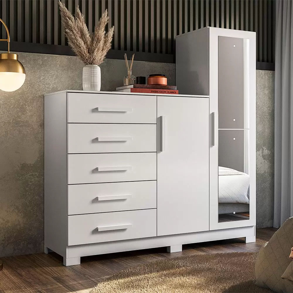 Cômoda com Espelho 5 Gavetas 2 Portas New Master Branco - Móveis Albatroz