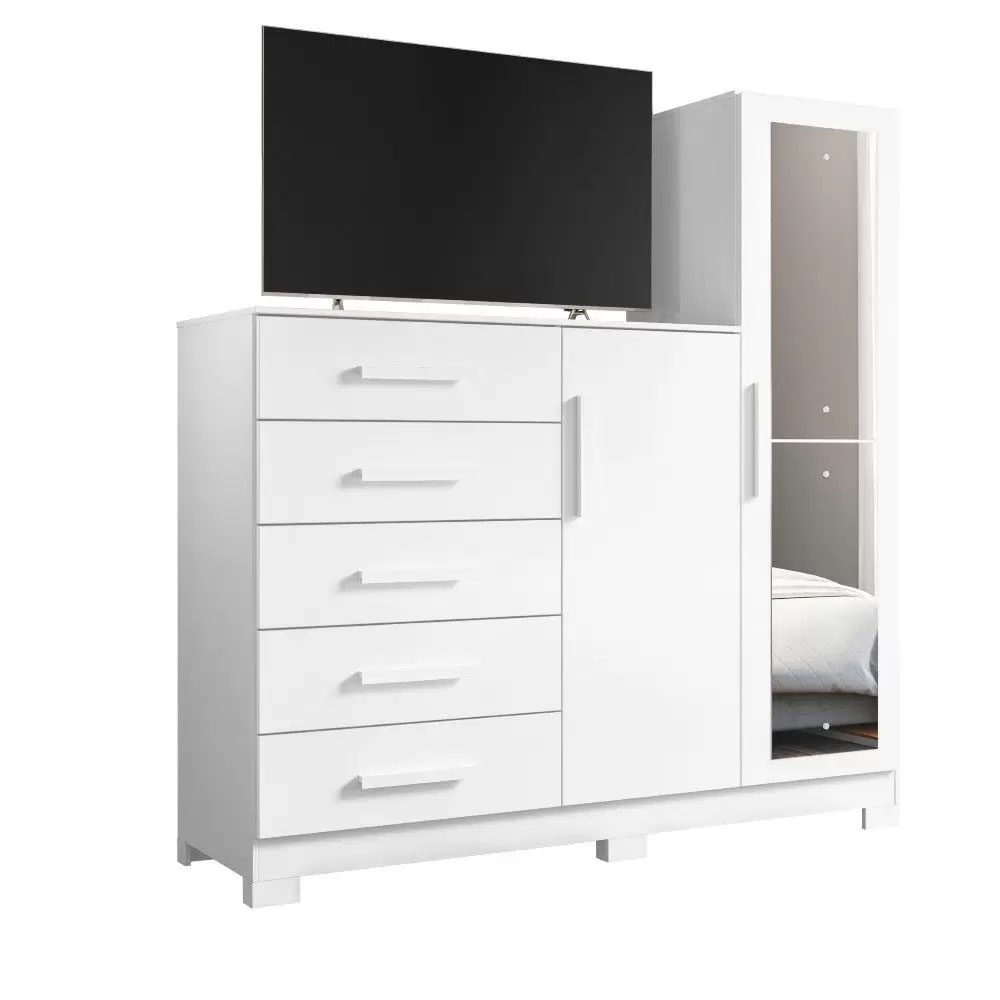Cômoda com Espelho 5 Gavetas 2 Portas New Master Branco - Móveis Albatroz