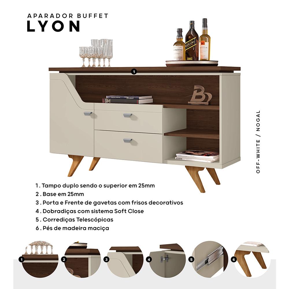 Aparador Buffet Lyon 1 Porta e 2 Gavetas Pé Madeira Maciça Off White/Nogal