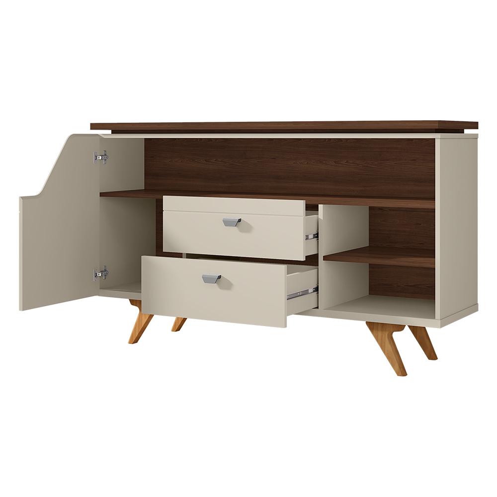 Aparador Buffet Lyon 1 Porta e 2 Gavetas Pé Madeira Maciça Off White/Nogal