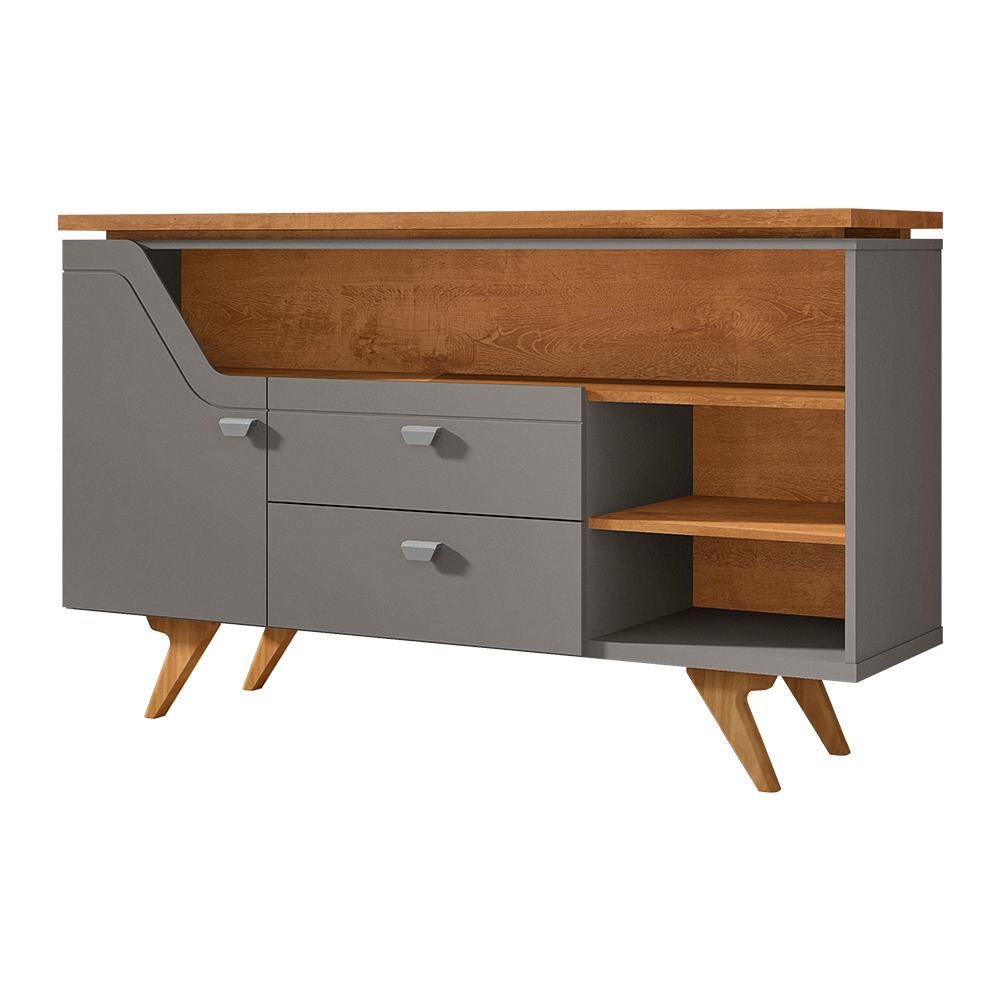Aparador Buffet Lyon 1 Porta e 2 Gavetas Pé Madeira Maciça Titanium/Naturale