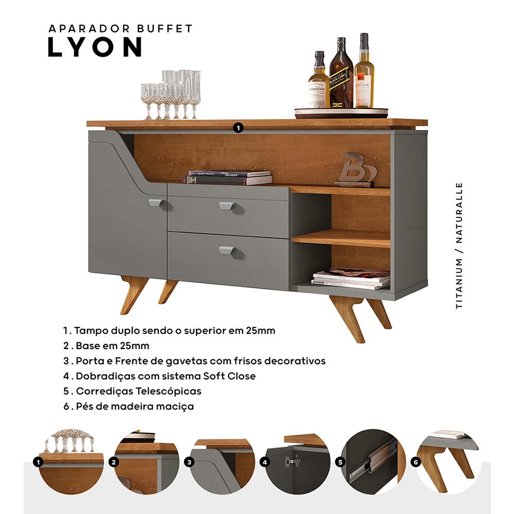 Aparador Buffet Lyon 1 Porta e 2 Gavetas Pé Madeira Maciça Titanium/Naturale