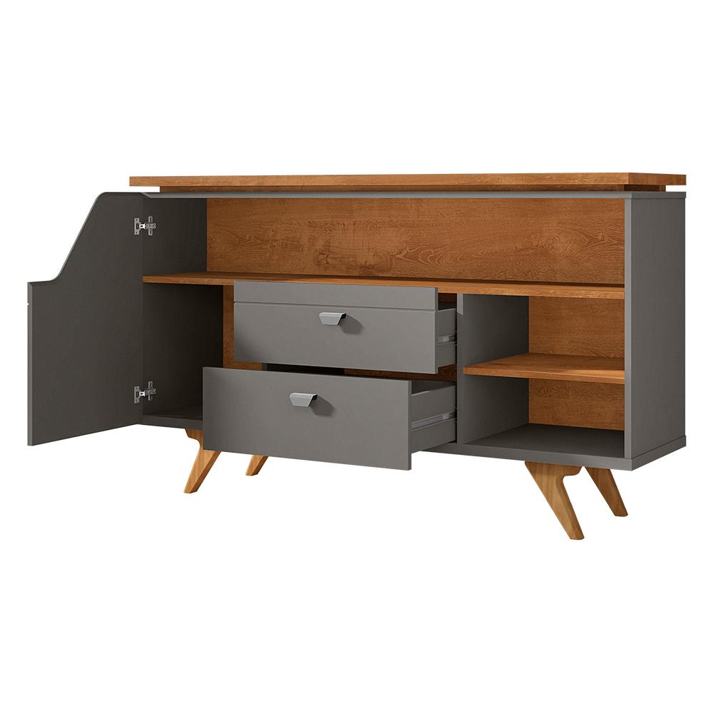 Aparador Buffet Lyon 1 Porta e 2 Gavetas Pé Madeira Maciça Titanium/Naturale