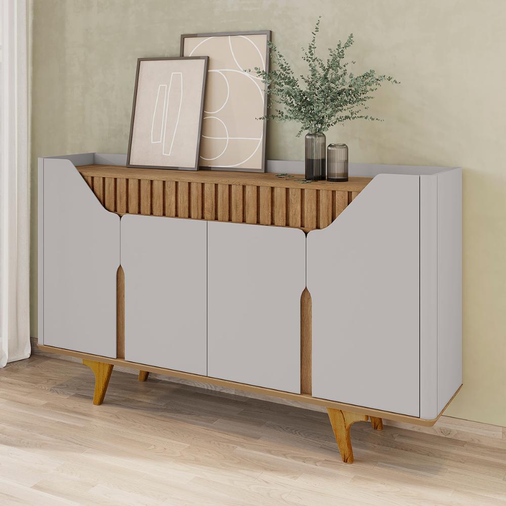 Aparador Buffet Tamisa com 4 Portas e Pés de Madeira Maciça Off White/Cinamomo