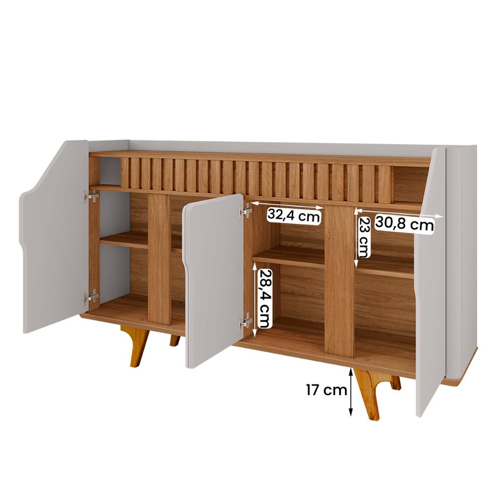 Aparador Buffet Tamisa com 4 Portas e Pés de Madeira Maciça Off White/Cinamomo