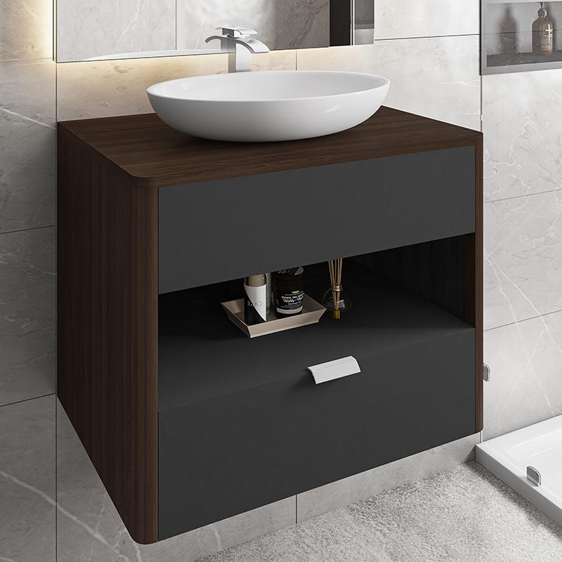 Gabinete Armario Banheiro Santorini com 1 Gaveta e Cuba Luna Nogal/Preto Fosco
