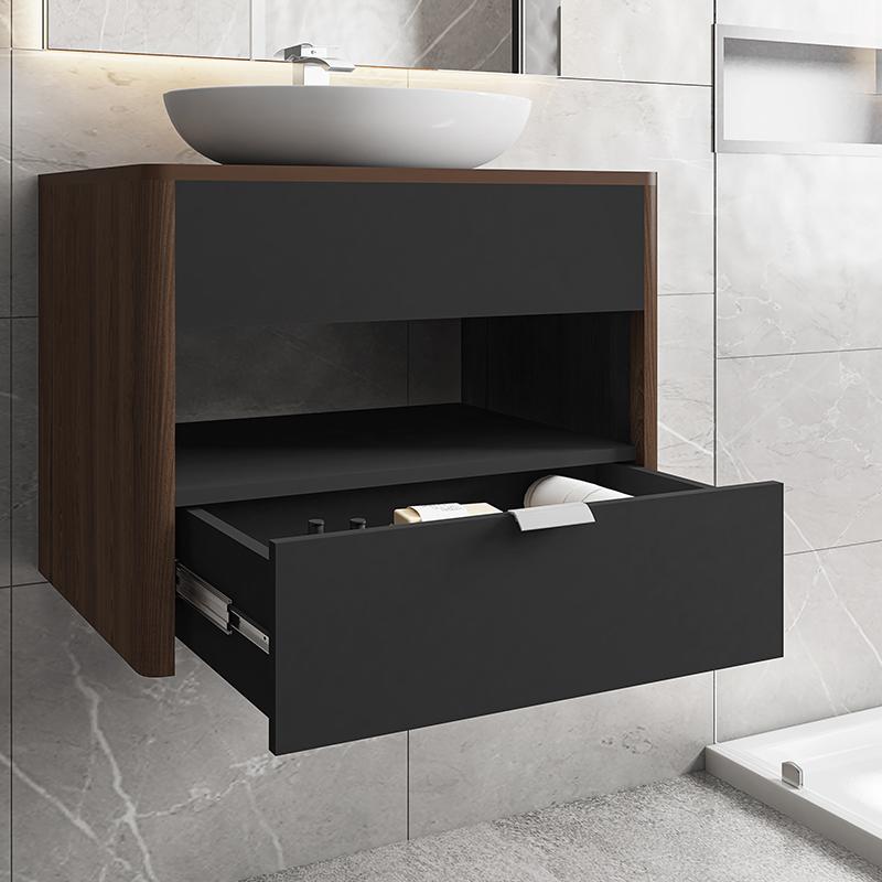Gabinete Armario Banheiro Santorini com 1 Gaveta e Cuba Luna Nogal/Preto Fosco