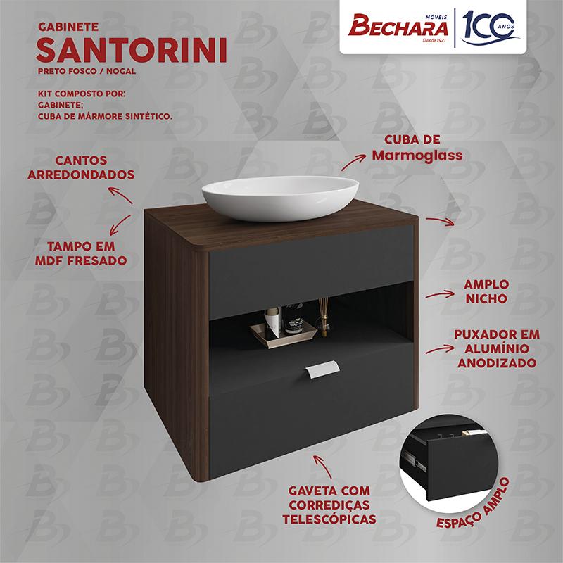 Gabinete Armario Banheiro Santorini com 1 Gaveta e Cuba Luna Nogal/Preto Fosco